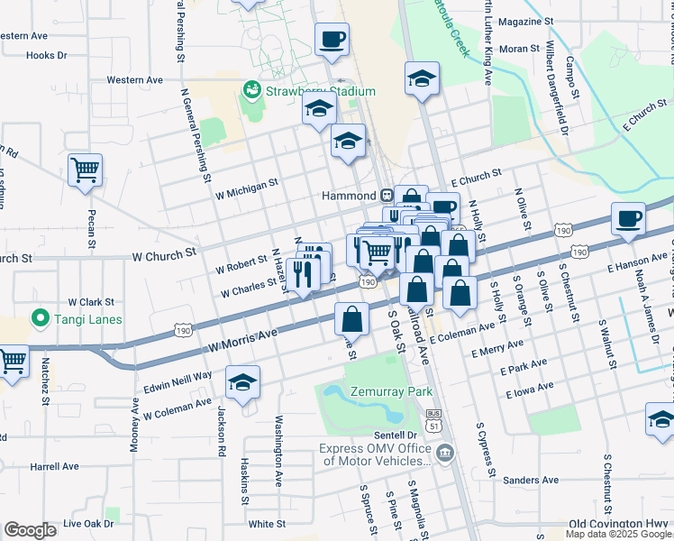 map of restaurants, bars, coffee shops, grocery stores, and more near 111 North Pine Street in Hammond