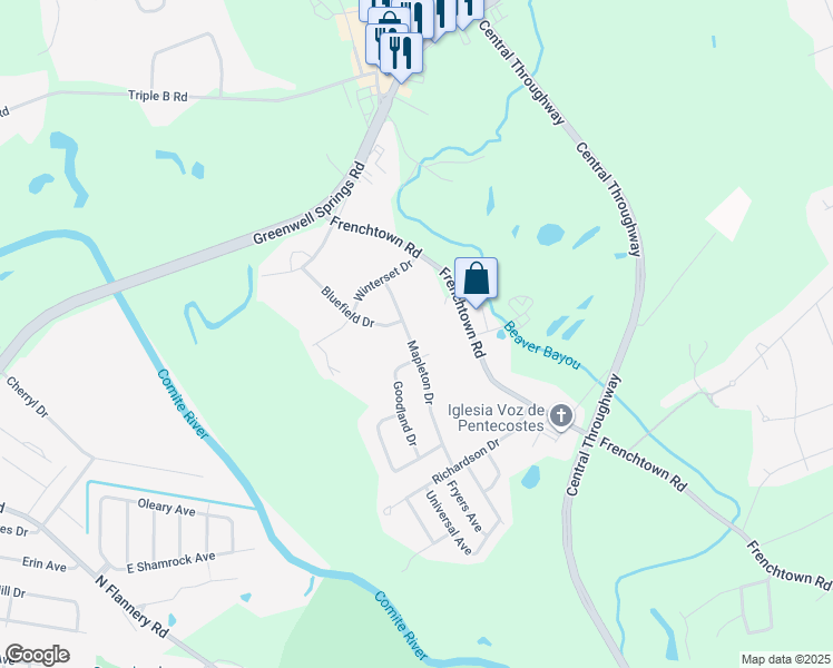 map of restaurants, bars, coffee shops, grocery stores, and more near 5665 Mapleton Drive in Central