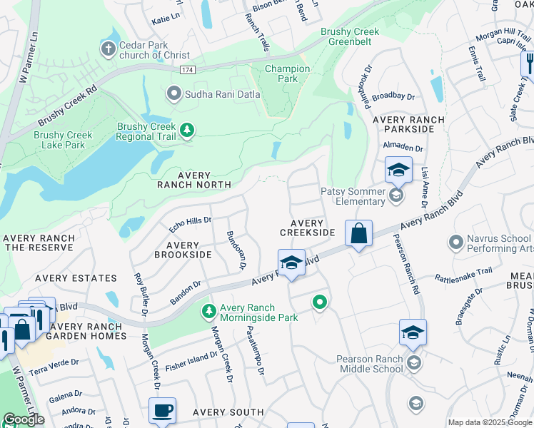 map of restaurants, bars, coffee shops, grocery stores, and more near 15800 Avery Ranch Boulevard in Austin