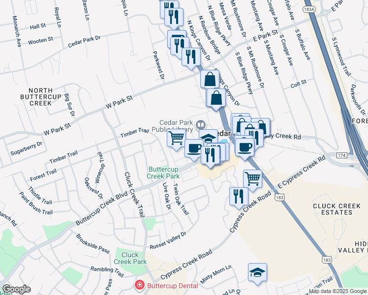 map of restaurants, bars, coffee shops, grocery stores, and more near 401 Buttercup Creek Boulevard in Cedar Park