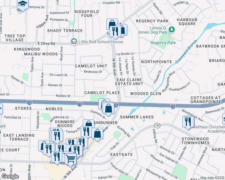 map of restaurants, bars, coffee shops, grocery stores, and more near 7601 North 9th Avenue in Pensacola