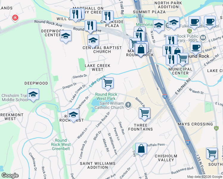 map of restaurants, bars, coffee shops, grocery stores, and more near 555 Round Rock West Drive in Round Rock