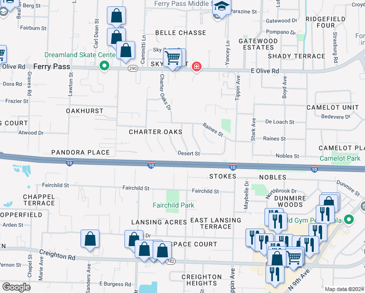 map of restaurants, bars, coffee shops, grocery stores, and more near 7663 Charter Oaks Drive in Pensacola