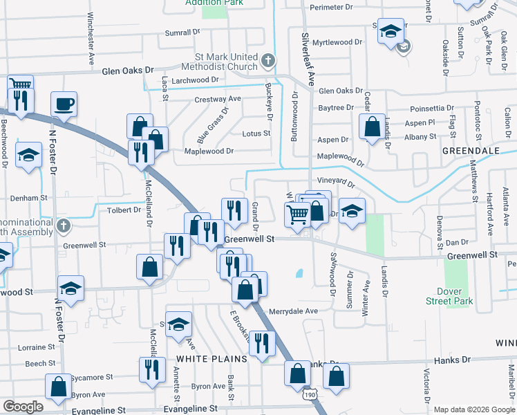 map of restaurants, bars, coffee shops, grocery stores, and more near 5850 Grand Drive in Baton Rouge