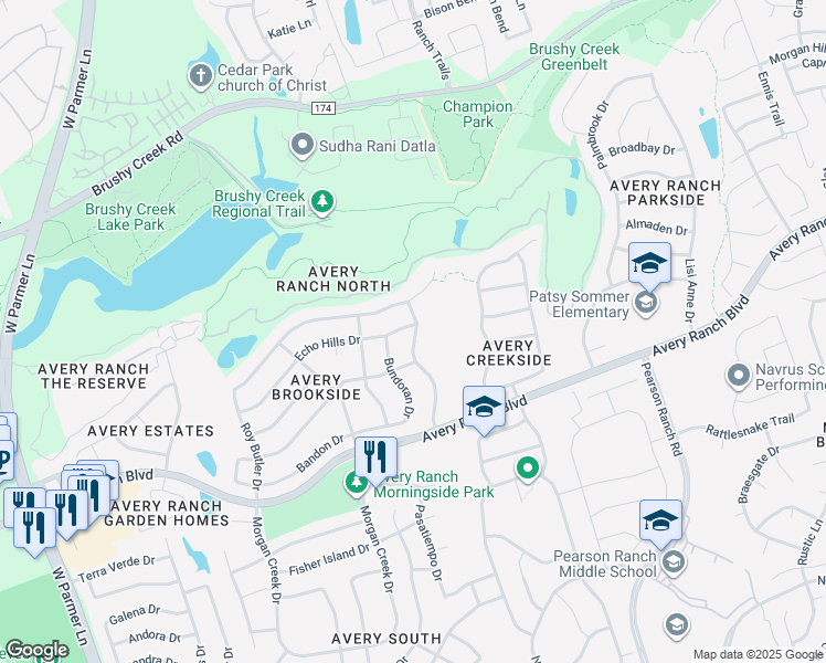 map of restaurants, bars, coffee shops, grocery stores, and more near 10014 Whitley Bay Drive in Austin