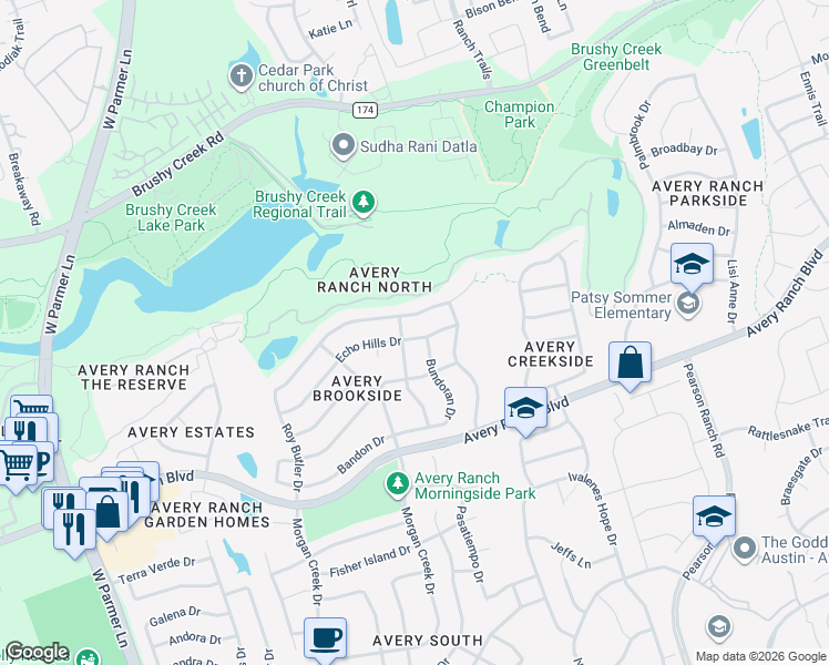 map of restaurants, bars, coffee shops, grocery stores, and more near 15808 Echo Hills Drive in Austin