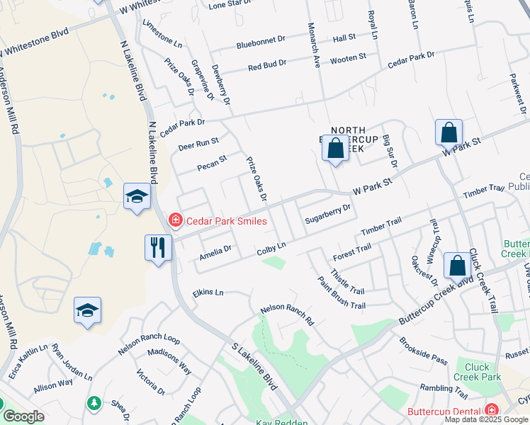 map of restaurants, bars, coffee shops, grocery stores, and more near 101 South Prize Oaks Drive in Cedar Park