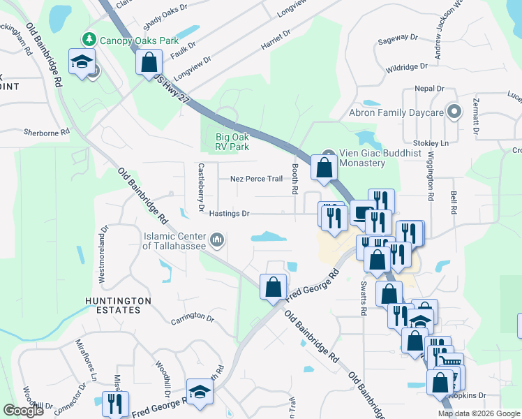 map of restaurants, bars, coffee shops, grocery stores, and more near 2624 Hastings Drive in Tallahassee