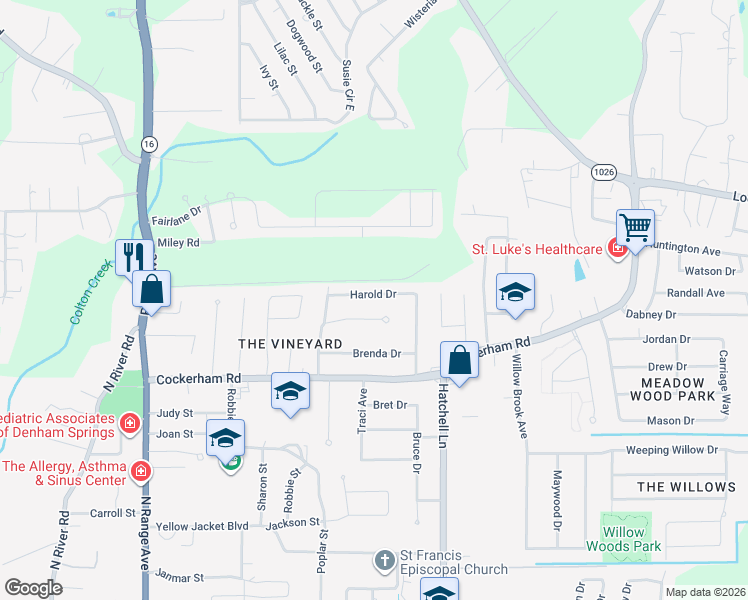 map of restaurants, bars, coffee shops, grocery stores, and more near 8464 Harold Drive in Denham Springs