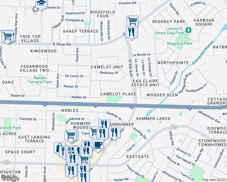 map of restaurants, bars, coffee shops, grocery stores, and more near 4015 Guinevere Drive in Pensacola