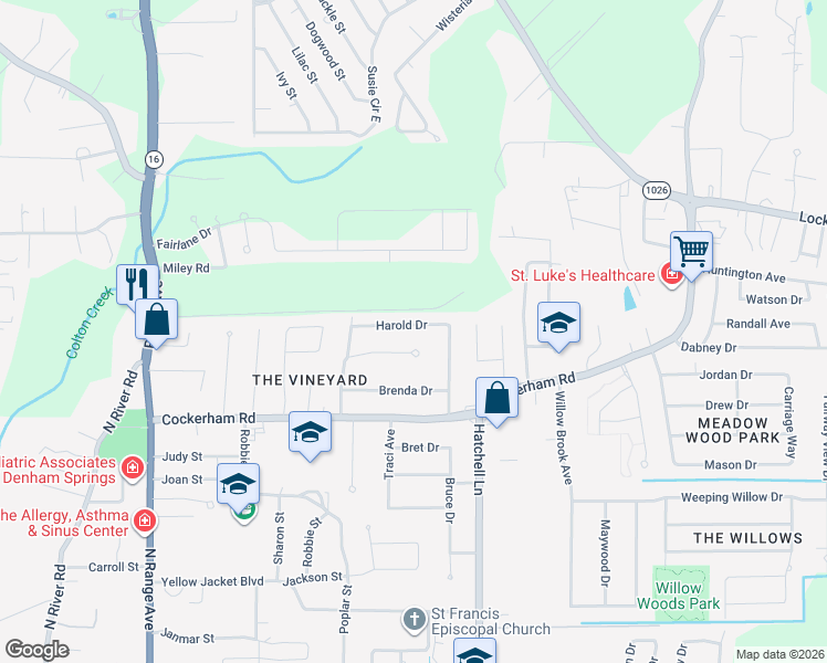 map of restaurants, bars, coffee shops, grocery stores, and more near 8464 Harold Drive in Denham Springs