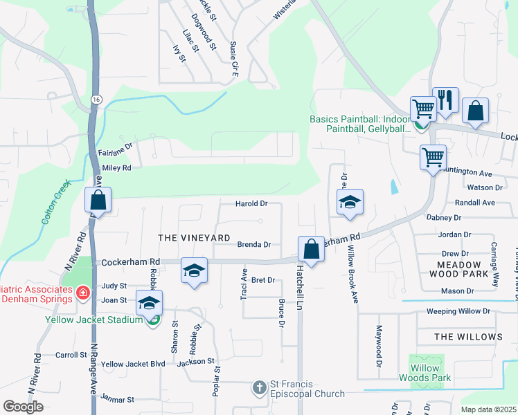 map of restaurants, bars, coffee shops, grocery stores, and more near 8484 Harold Drive in Denham Springs