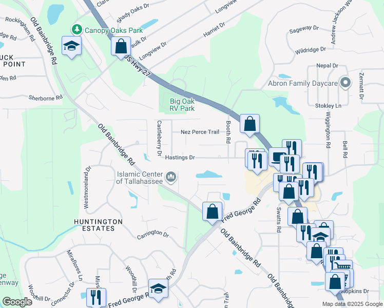 map of restaurants, bars, coffee shops, grocery stores, and more near 2638 Hastings Drive in Tallahassee