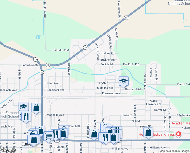 map of restaurants, bars, coffee shops, grocery stores, and more near 1138-1142 N Martin Luther King Dr in Eunice