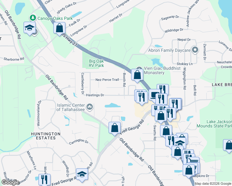map of restaurants, bars, coffee shops, grocery stores, and more near 2610 Hastings Drive in Tallahassee