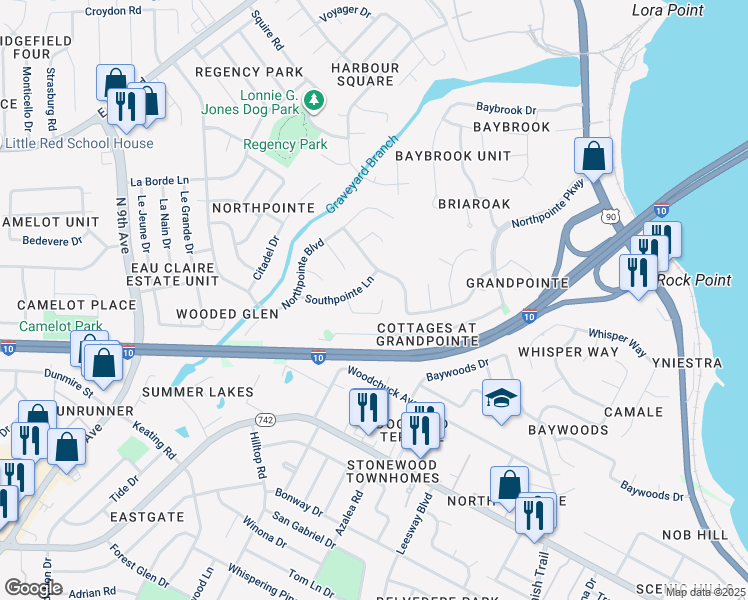 map of restaurants, bars, coffee shops, grocery stores, and more near 7520 Southpointe Place in Pensacola