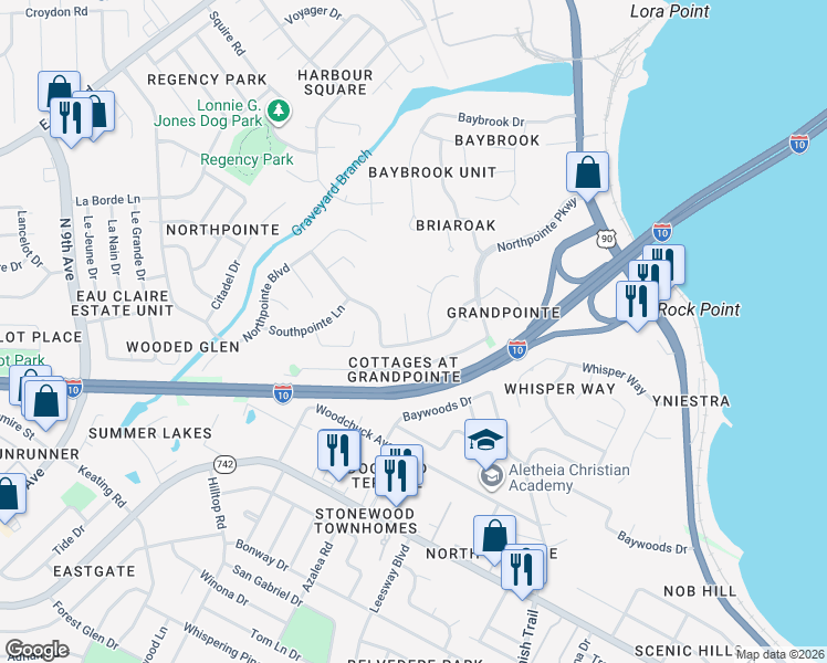 map of restaurants, bars, coffee shops, grocery stores, and more near 4603 Lennox Place in Pensacola