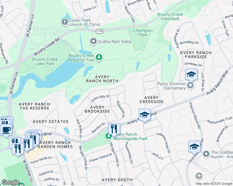 map of restaurants, bars, coffee shops, grocery stores, and more near 15808 Echo Hills Drive in Austin