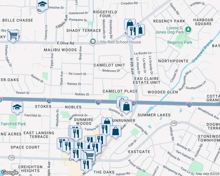 map of restaurants, bars, coffee shops, grocery stores, and more near 7715 Gallahad Road in Pensacola