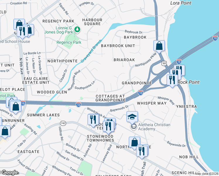 map of restaurants, bars, coffee shops, grocery stores, and more near 4603 Lennox Place in Pensacola