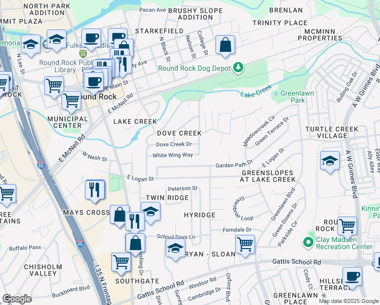 map of restaurants, bars, coffee shops, grocery stores, and more near 600 White Wing Way in Round Rock