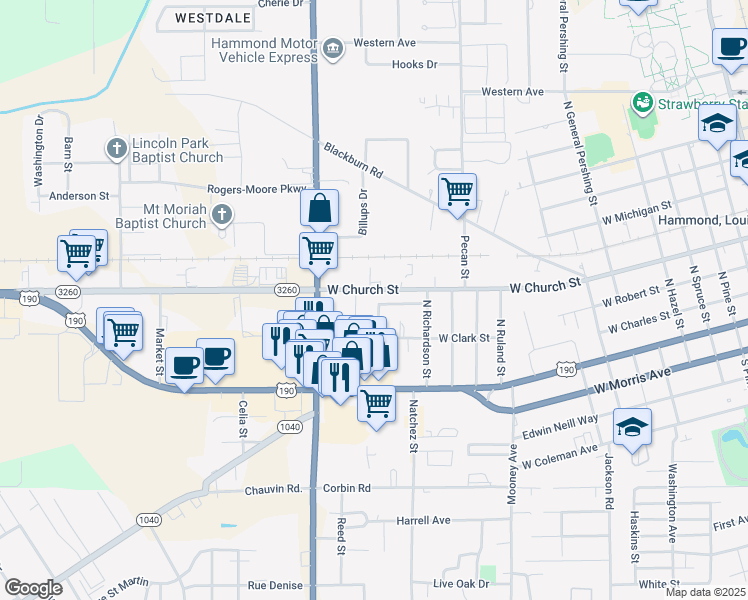 map of restaurants, bars, coffee shops, grocery stores, and more near 126 Rosewood Drive in Hammond