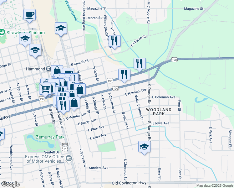 map of restaurants, bars, coffee shops, grocery stores, and more near 707 East Hanson Avenue in Hammond
