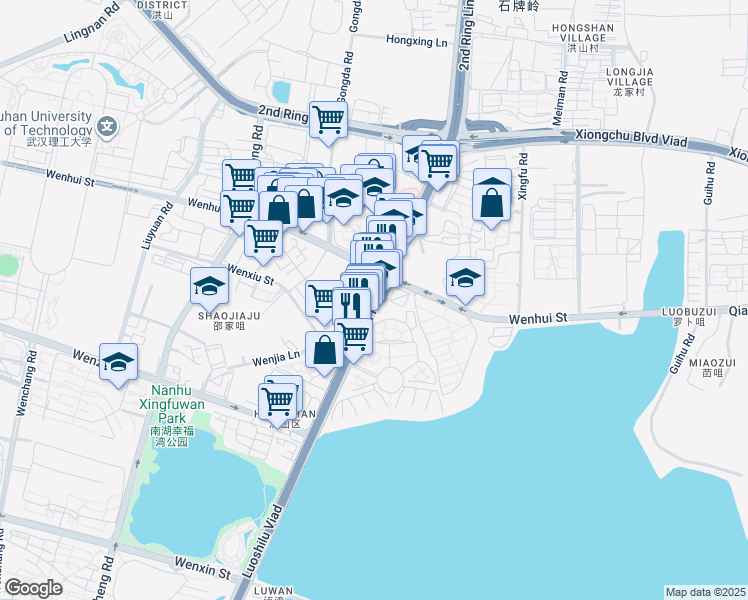 map of restaurants, bars, coffee shops, grocery stores, and more near Luo Shi Lu in Wu Han Shi