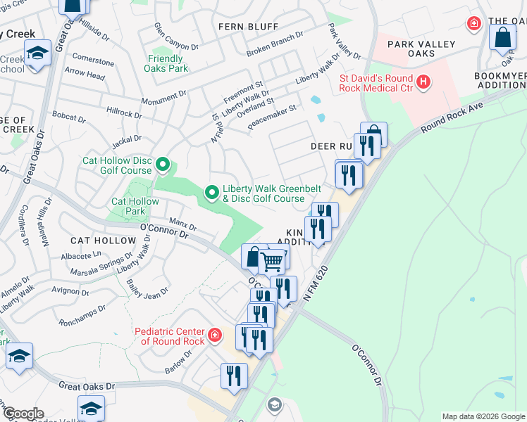 map of restaurants, bars, coffee shops, grocery stores, and more near 8326 Campeche Bay Place in Round Rock
