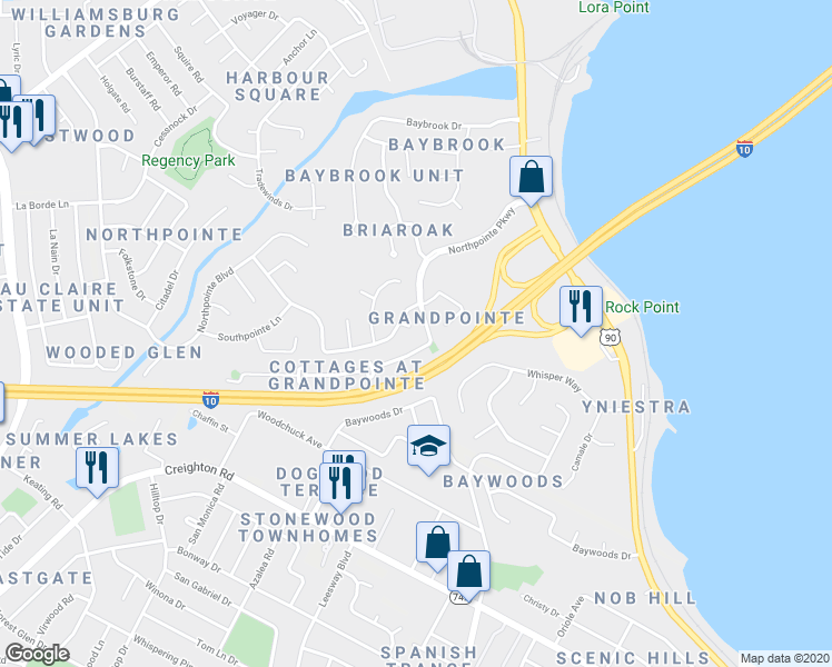 map of restaurants, bars, coffee shops, grocery stores, and more near 7417 Northpointe Boulevard in Pensacola
