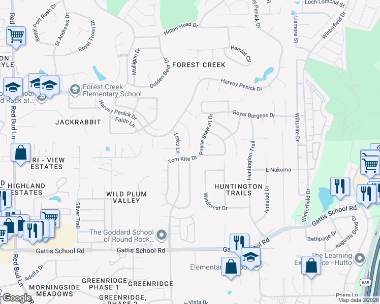 map of restaurants, bars, coffee shops, grocery stores, and more near 505 Tom Kite Drive in Round Rock