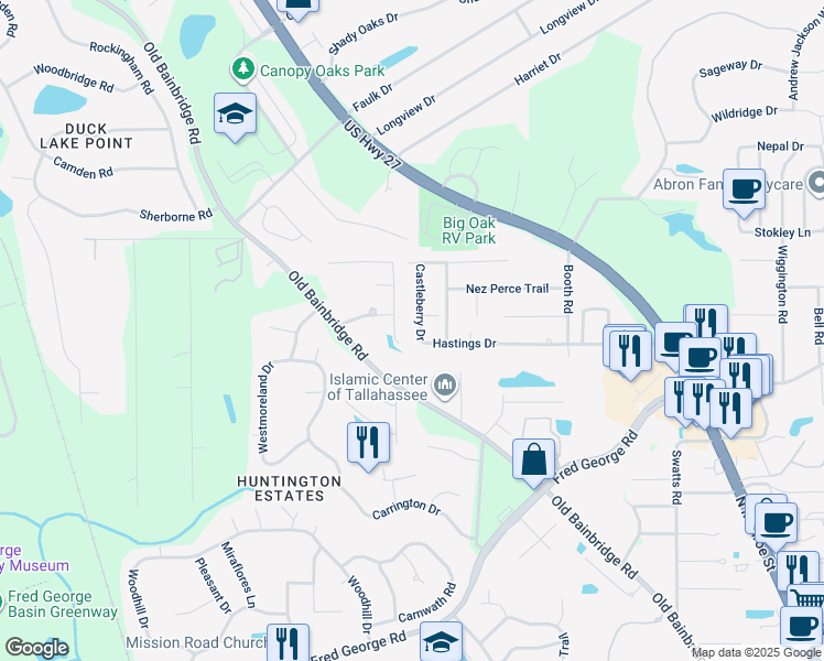map of restaurants, bars, coffee shops, grocery stores, and more near 3808 Castleberry Drive in Tallahassee