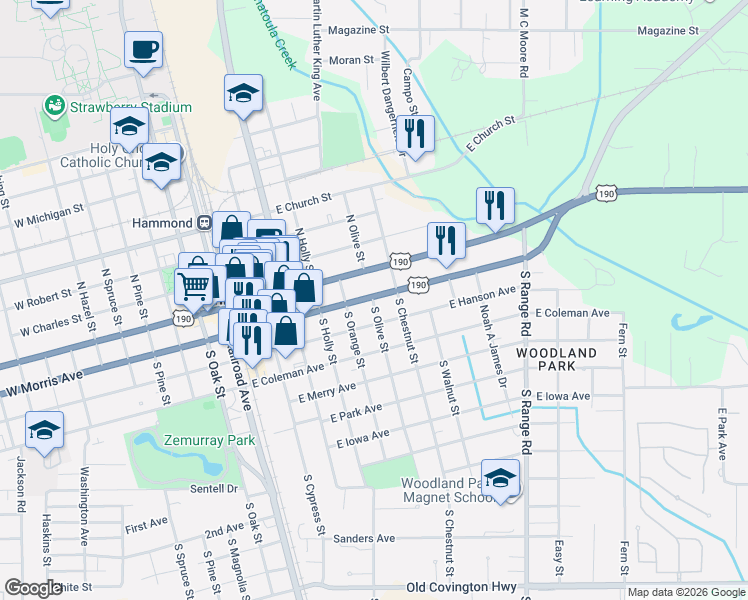 map of restaurants, bars, coffee shops, grocery stores, and more near 207 South Olive Street in Hammond