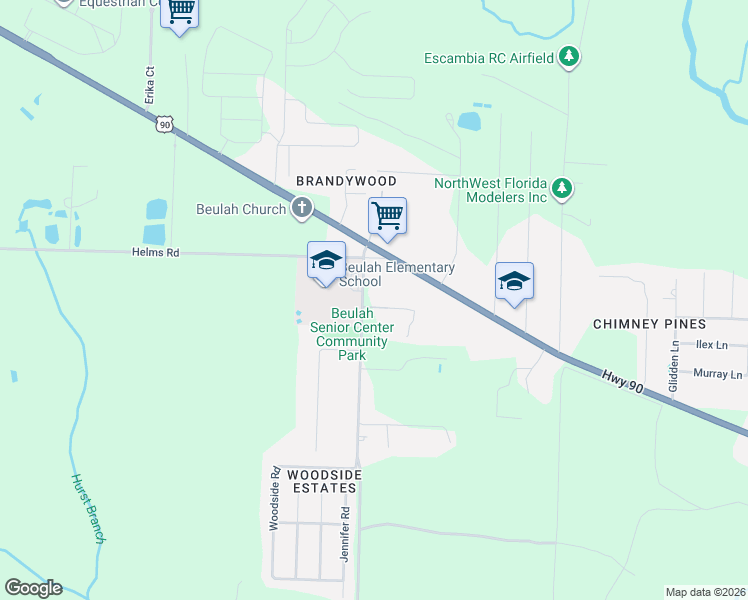 map of restaurants, bars, coffee shops, grocery stores, and more near 7418 Woodside Road in Pensacola