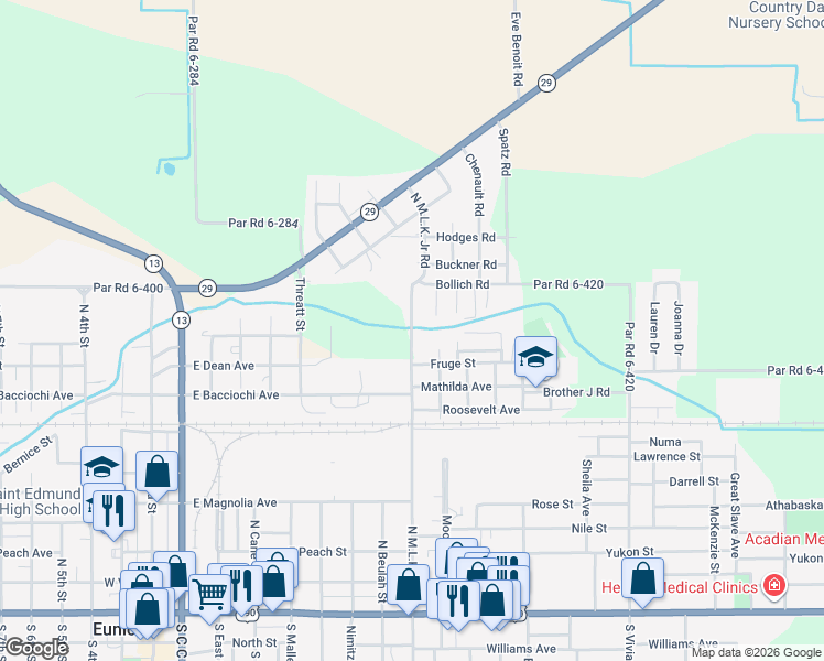 map of restaurants, bars, coffee shops, grocery stores, and more near 1142 N Martin Luther King Dr in Eunice