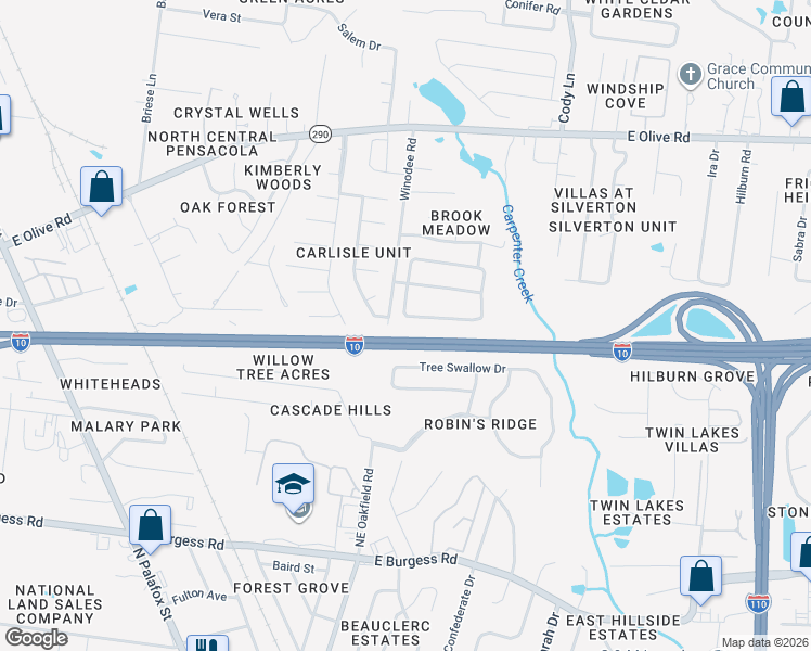 map of restaurants, bars, coffee shops, grocery stores, and more near 8113 Nalo Creek Loop in Pensacola