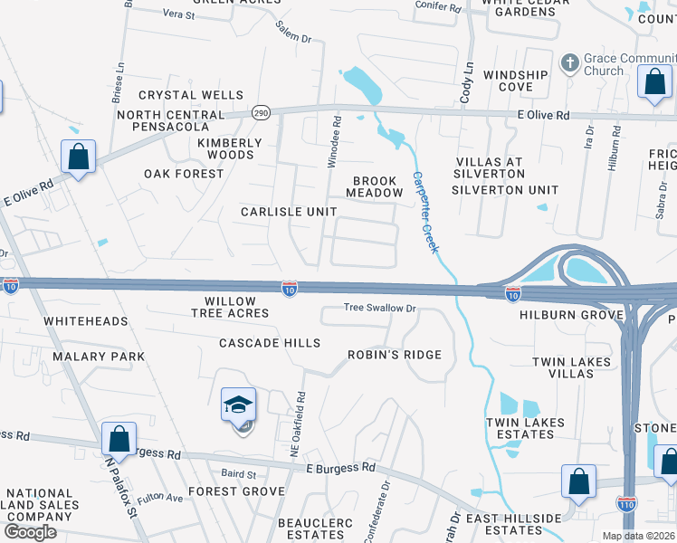 map of restaurants, bars, coffee shops, grocery stores, and more near 8113 Nalo Creek Loop in Pensacola