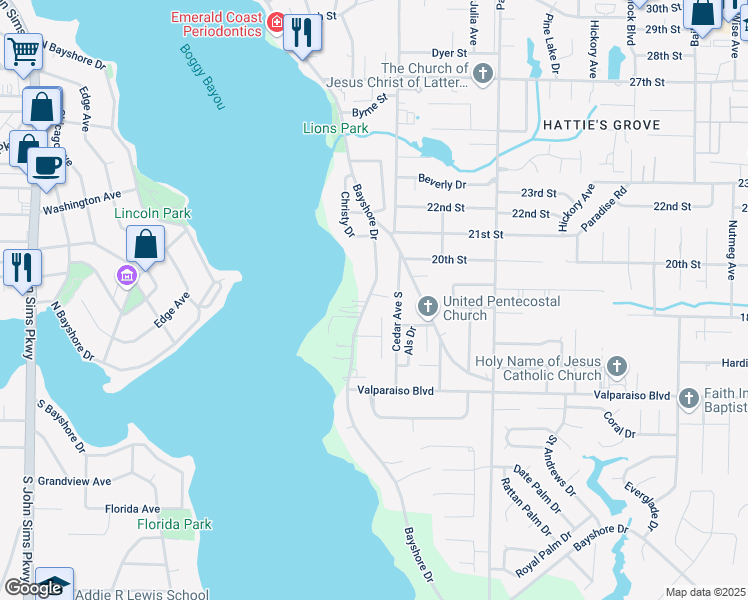 map of restaurants, bars, coffee shops, grocery stores, and more near 1202 Bayshore Drive in Niceville