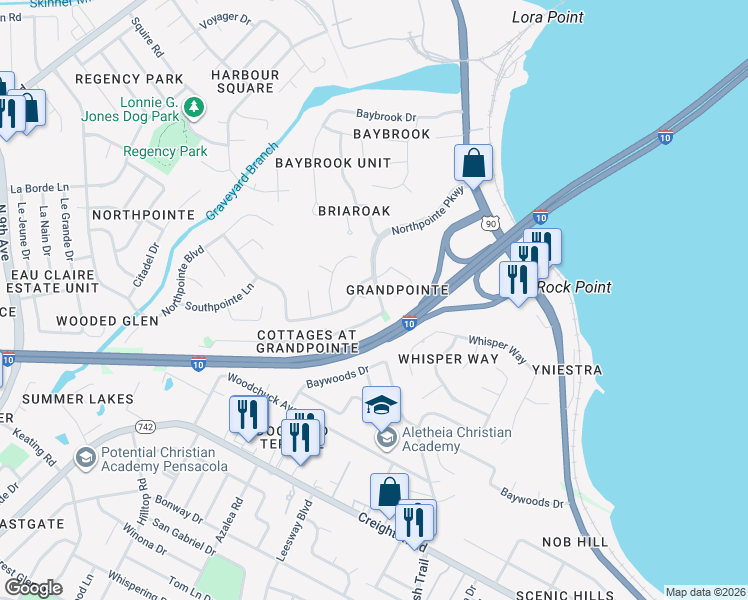 map of restaurants, bars, coffee shops, grocery stores, and more near 7415 Northpointe Boulevard in Pensacola
