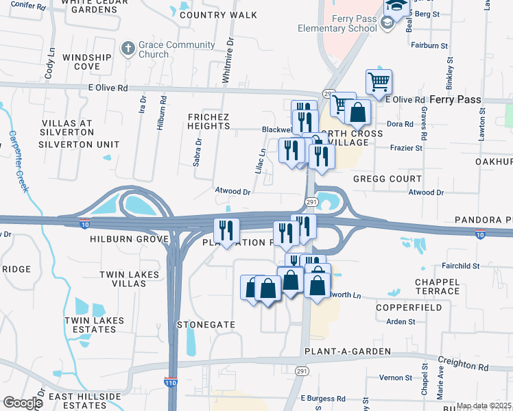 map of restaurants, bars, coffee shops, grocery stores, and more near 1857 Atwood Drive in Pensacola