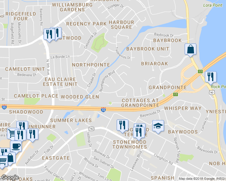map of restaurants, bars, coffee shops, grocery stores, and more near 4516 Southpointe Lane in Pensacola
