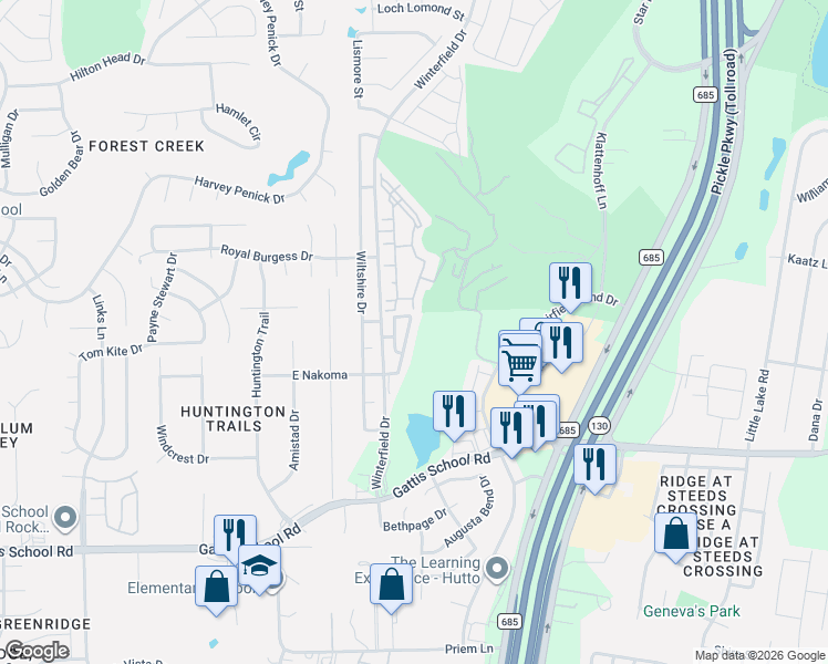 map of restaurants, bars, coffee shops, grocery stores, and more near 405 Winterfield Drive in Hutto