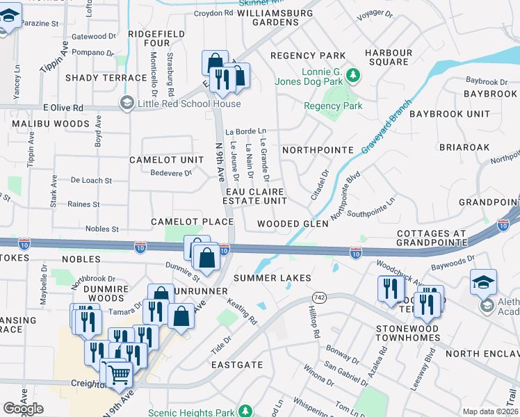 map of restaurants, bars, coffee shops, grocery stores, and more near 7655 Le Grande Drive in Pensacola