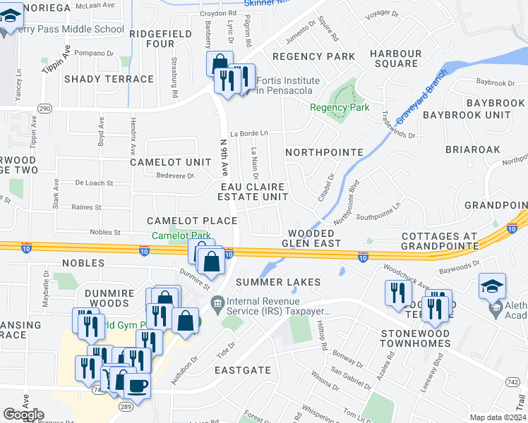 map of restaurants, bars, coffee shops, grocery stores, and more near 7655 Le Grande Drive in Pensacola