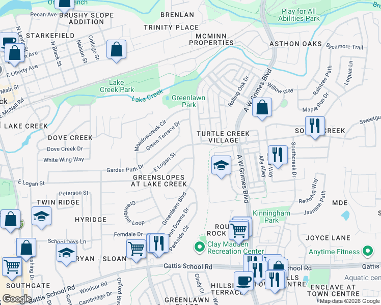 map of restaurants, bars, coffee shops, grocery stores, and more near 1401 Clearview Loop in Round Rock
