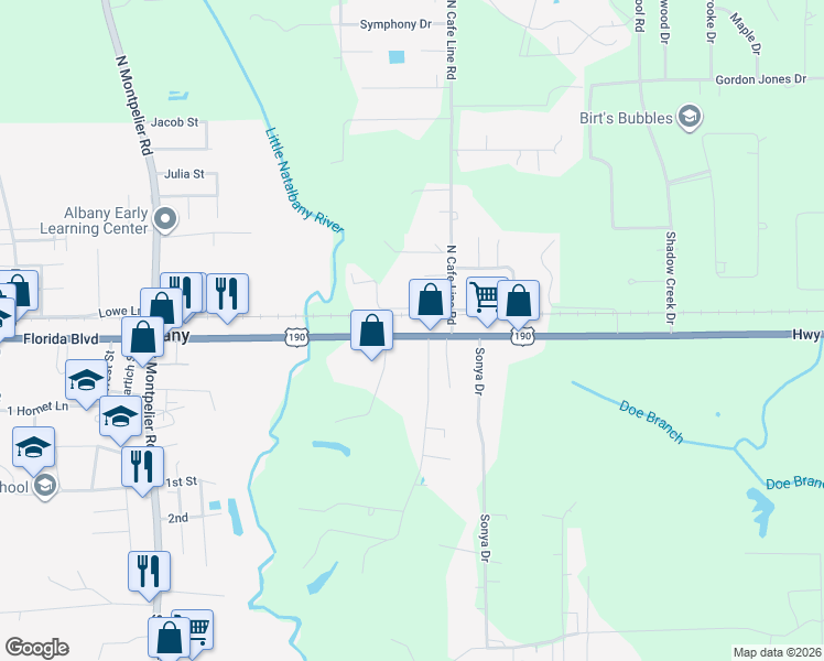 map of restaurants, bars, coffee shops, grocery stores, and more near 19357 Florida Boulevard in Albany