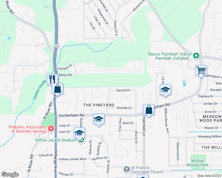 map of restaurants, bars, coffee shops, grocery stores, and more near 8380 Harold Drive in Denham Springs