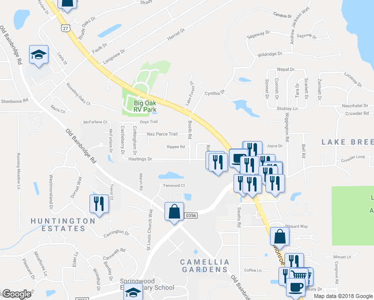 map of restaurants, bars, coffee shops, grocery stores, and more near 2601 Rippee Road in Tallahassee