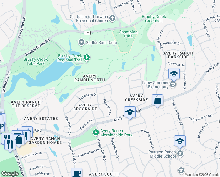 map of restaurants, bars, coffee shops, grocery stores, and more near 10014 Whitley Bay Drive in Austin