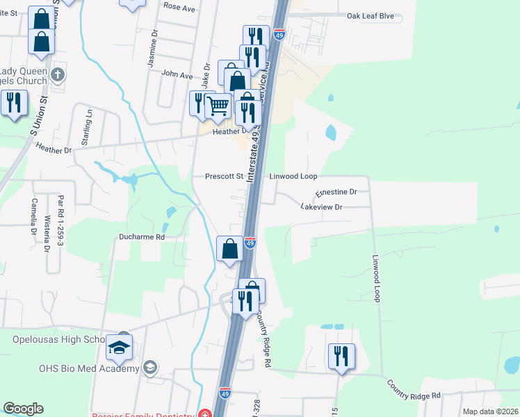 map of restaurants, bars, coffee shops, grocery stores, and more near 2575 Terry Street in Opelousas